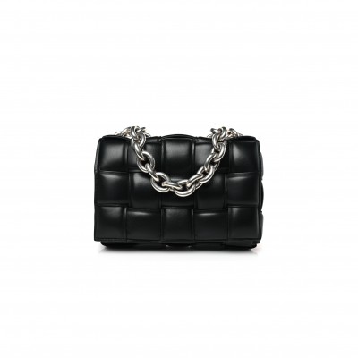 BOTTEGA VENETA LAMBSKIN MAXI INTRECCIO PADDED CHAIN CASSETTE CROSSBODY BAG BLACK  (25*17*8cm)