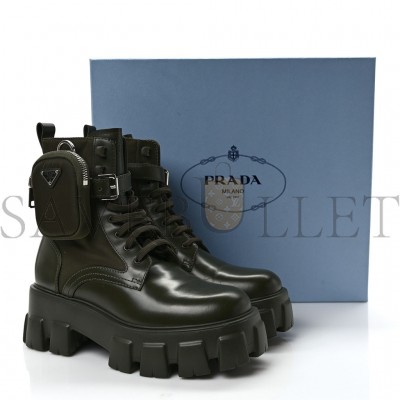 PRADA SPAZZOLATO ROIS RE-NYLON METAL TRIANGLE LOGO MONOLITH POUCH POCKET 55MM BOOTS 38 MILITARE