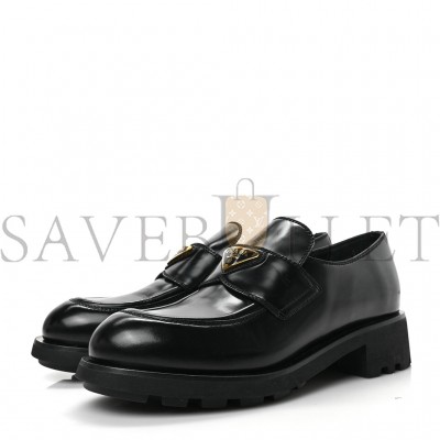 PRADA SPAZZOLATO METAL TRIANGLE LOGO 50MM LUG SOLE LOAFERS 39 BLACK