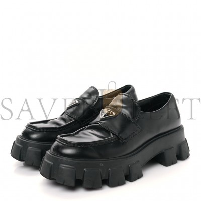 PRADA SPAZZOLATO ROIS METAL TRIANGLE LOGO MENS MONOLITH 55MM LOAFERS 6 BLACK