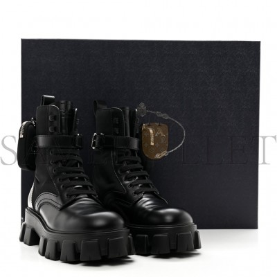 PRADA SPAZZOLATO ROIS RE-NYLON METAL TRIANGLE LOGO MENS MONOLITH POUCH POCKET 60MM COMBAT BOOTS 7.5 BLACK
