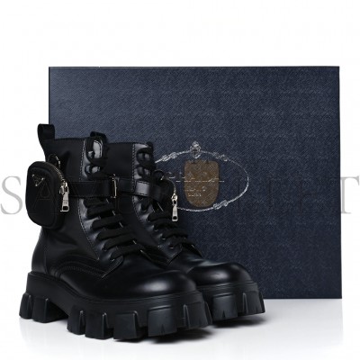 PRADA SPAZZOLATO ROIS RE-NYLON METAL TRIANGLE LOGO MENS MONOLITH POUCH POCKET 60MM COMBAT BOOTS 9.5 BLACK
