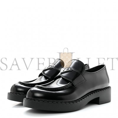 PRADA SPAZZOLATO METAL TRIANGLE LOGO 50MM LOAFERS 40 BLACK