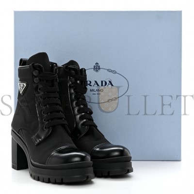 PRADA SPAZZOLATO RE-NYLON METAL TRIANGLE LOGO LACE UP 55MM ANKLE BOOTS 36.5 BLACK