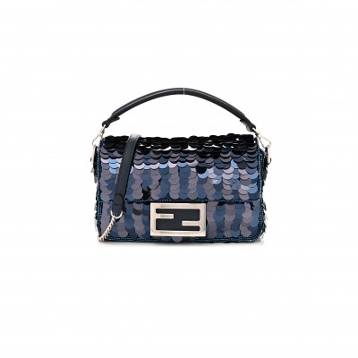 FENDI SEQUIN PAILLETTES SHINY NAPPA PEQUIN MINI BAGUETTE DARK BLUE LUNAI (18*13*5cm)