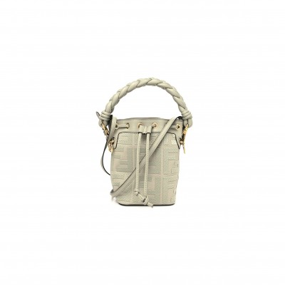 FENDI CANVAS VITELLO GRACE F IS FENDI FF EMBROIDERED MINI MON TRESOR BUCKET BAG LIGHT GREEN (18*12*10cm)