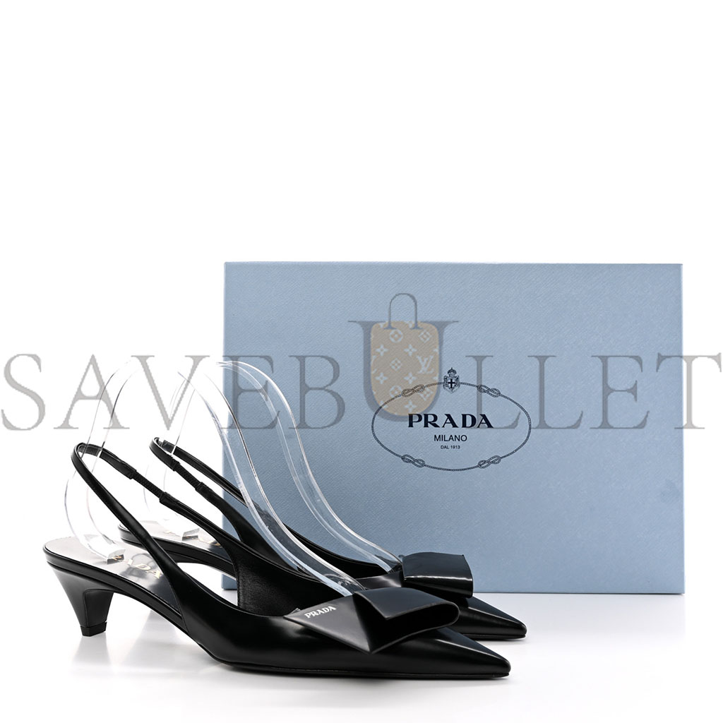 PRADA SPAZZOLATO LOGO POINTED TOE 45MM SLINGBACK PUMPS 40 BLACK PRADA SPAZZOLATO LOGO POINTED TOE 45MM SLINGBACK PUMPS 40 BLACK