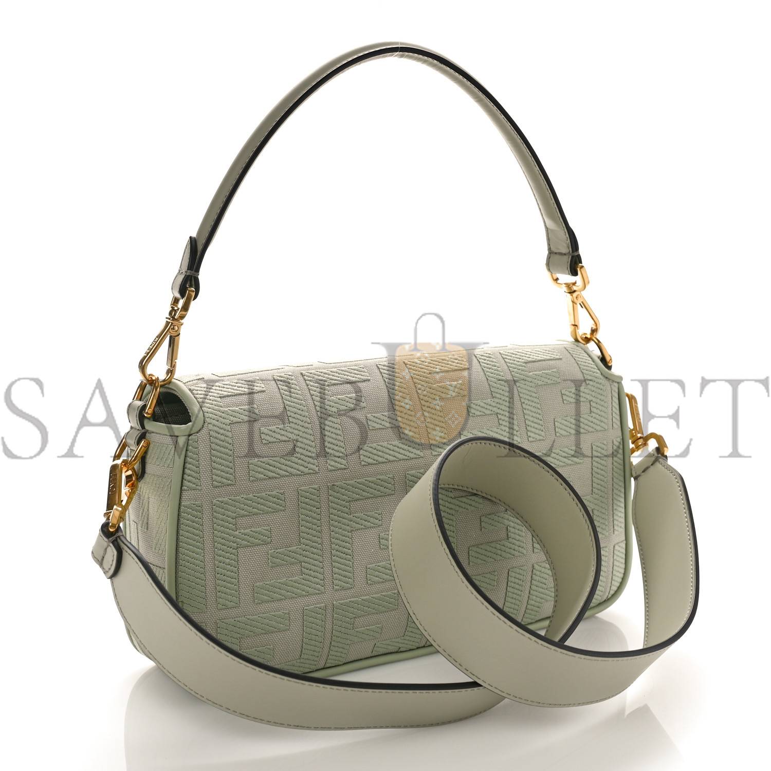 FENDI CANVAS VITELLO KING FF EMBROIDERED BAGUETTE GREEN TEA (29*18*8cm) FENDI CANVAS VITELLO KING FF EMBROIDERED BAGUETTE GREEN TEA (29*18*8cm)