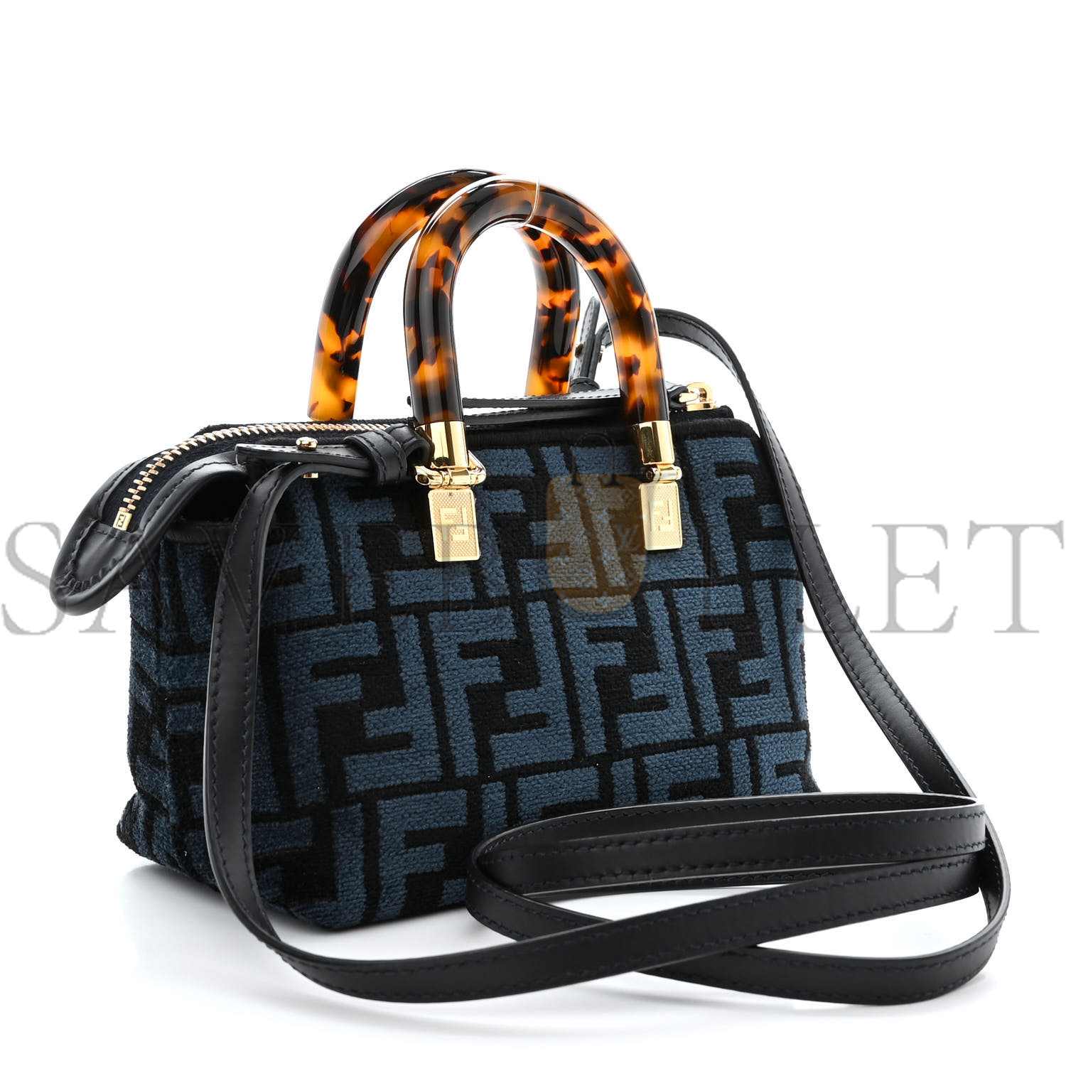 FENDI CHENILLE VITELLO KING PLEXIGLASS FF MINI BY THE WAY TOP HANDLE BOSTON BAG BLUE BLACK (17*11*8cm) FENDI CHENILLE VITELLO KING PLEXIGLASS FF MINI BY THE WAY TOP HANDLE BOSTON BAG BLUE BLACK (17*11*8cm)