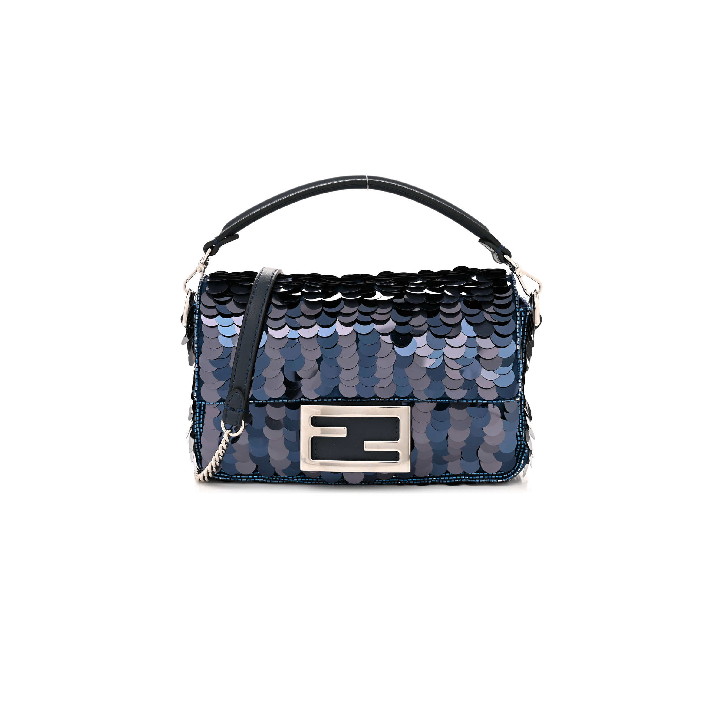 FENDI SEQUIN PAILLETTES SHINY NAPPA PEQUIN MINI BAGUETTE DARK BLUE LUNAI (18*13*5cm) FENDI SEQUIN PAILLETTES SHINY NAPPA PEQUIN MINI BAGUETTE DARK BLUE LUNAI (18*13*5cm)