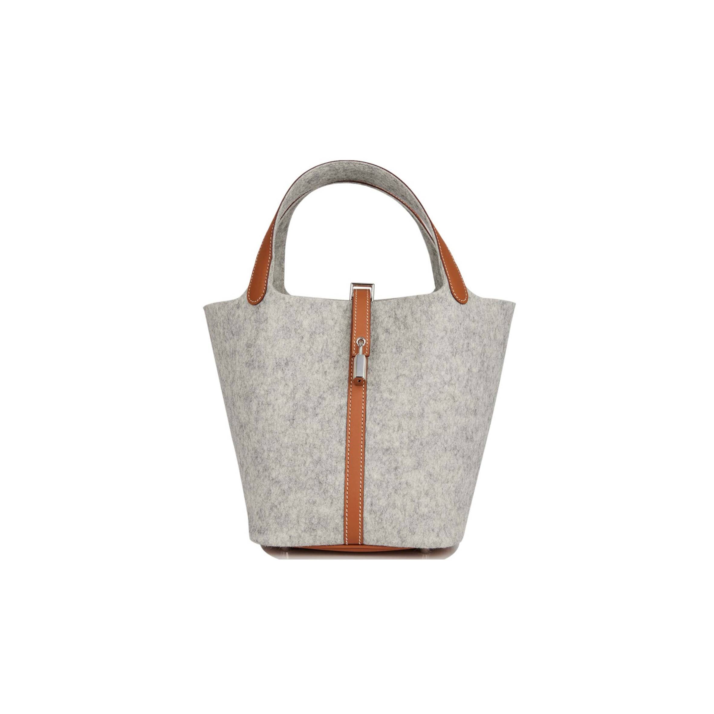 HERMES PICOTIN LOCK 22 GRIS CLAIR FEUTRE AND BARENIA PALLADIUM HARDWARE (22*21*18cm)