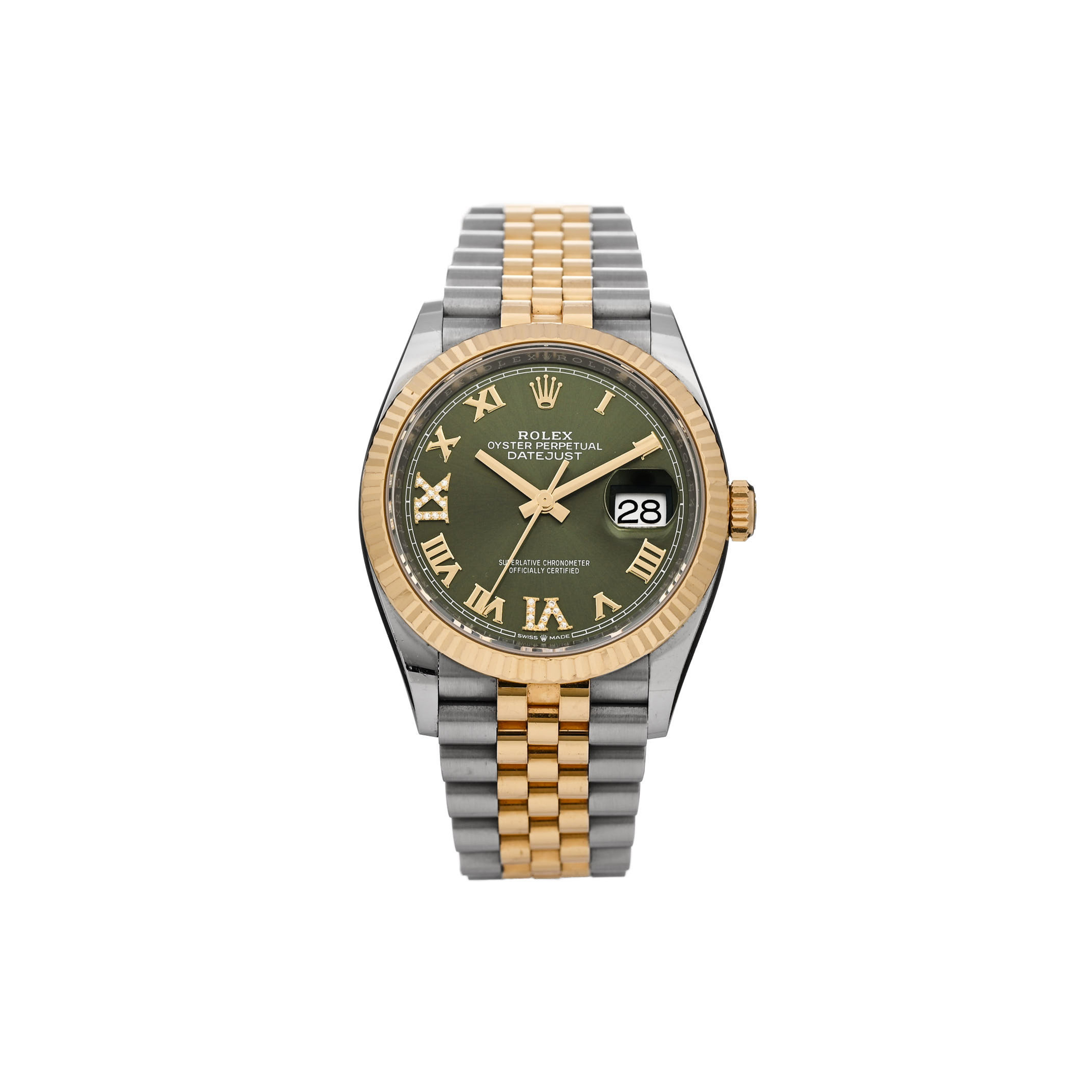 ROLEX STAINLESS STEEL 18K YELLOW GOLD DIAMOND 36MM OYSTER PERPETUAL DATEJUST WATCH OLIVE GREEN ROMAN 126233 ROLEX STAINLESS STEEL 18K YELLOW GOLD DIAMOND 36MM OYSTER PERPETUAL DATEJUST WATCH OLIVE GREEN ROMAN 126233
