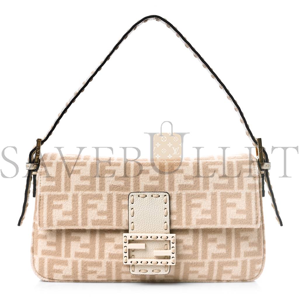 FENDI WOOL CUOIO ROMANO SELLERIA FF 1974 BAGUETTE 1997 BEIGE CAMMELLO CAMELIA (27*15*4cm) FENDI WOOL CUOIO ROMANO SELLERIA FF 1974 BAGUETTE 1997 BEIGE CAMMELLO CAMELIA (27*15*4cm)