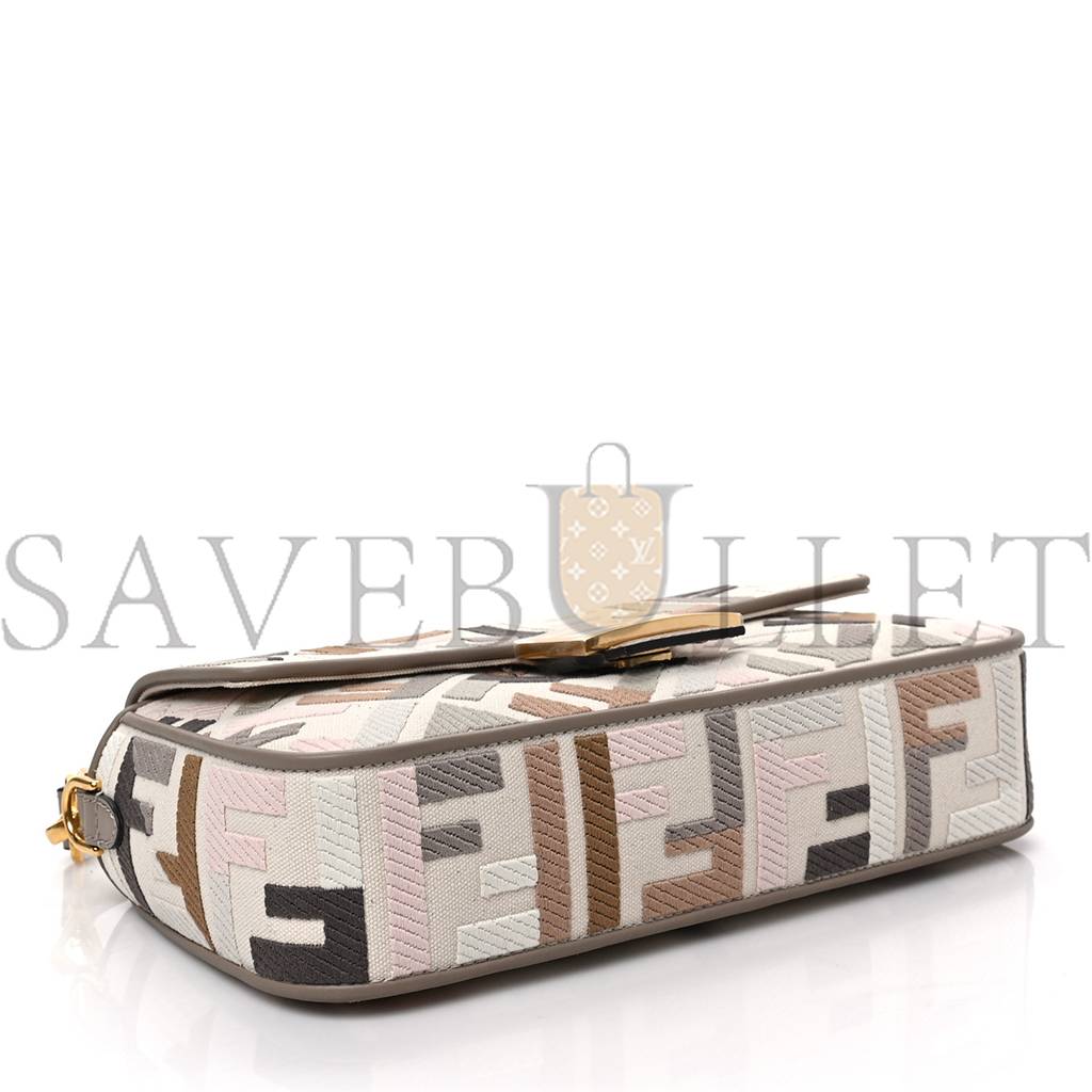 FENDI CANVAS VITELLO SETA FF MULTICOLOR EMBROIDERED BAGUETTE GREZZO MULTICOLOR TORTORA (28*16*6cm) FENDI CANVAS VITELLO SETA FF MULTICOLOR EMBROIDERED BAGUETTE GREZZO MULTICOLOR TORTORA (28*16*6cm)