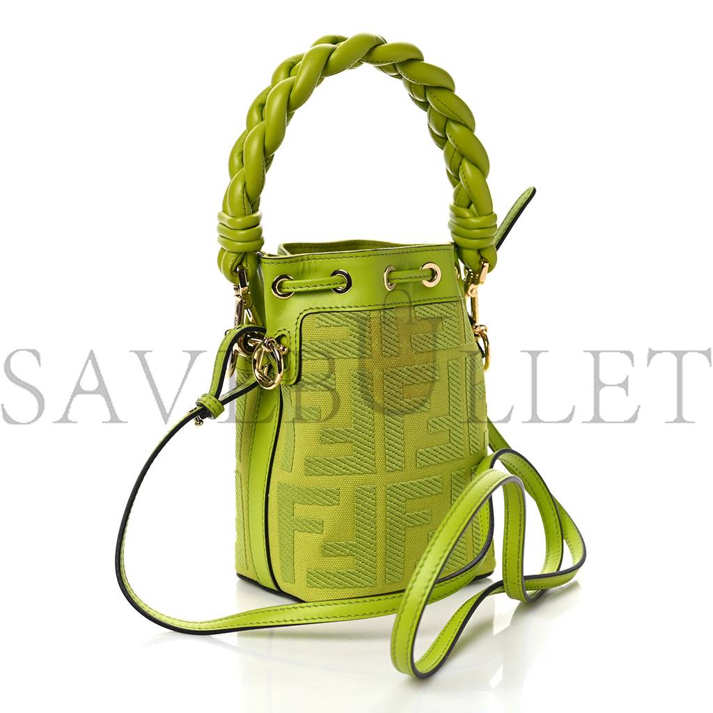 FENDI CANVAS VITELLO GRACE F IS FENDI FF EMBROIDERED MINI MON TRESOR BUCKET BAG WASABI (18*12*10cm) FENDI CANVAS VITELLO GRACE F IS FENDI FF EMBROIDERED MINI MON TRESOR BUCKET BAG WASABI (18*12*10cm)